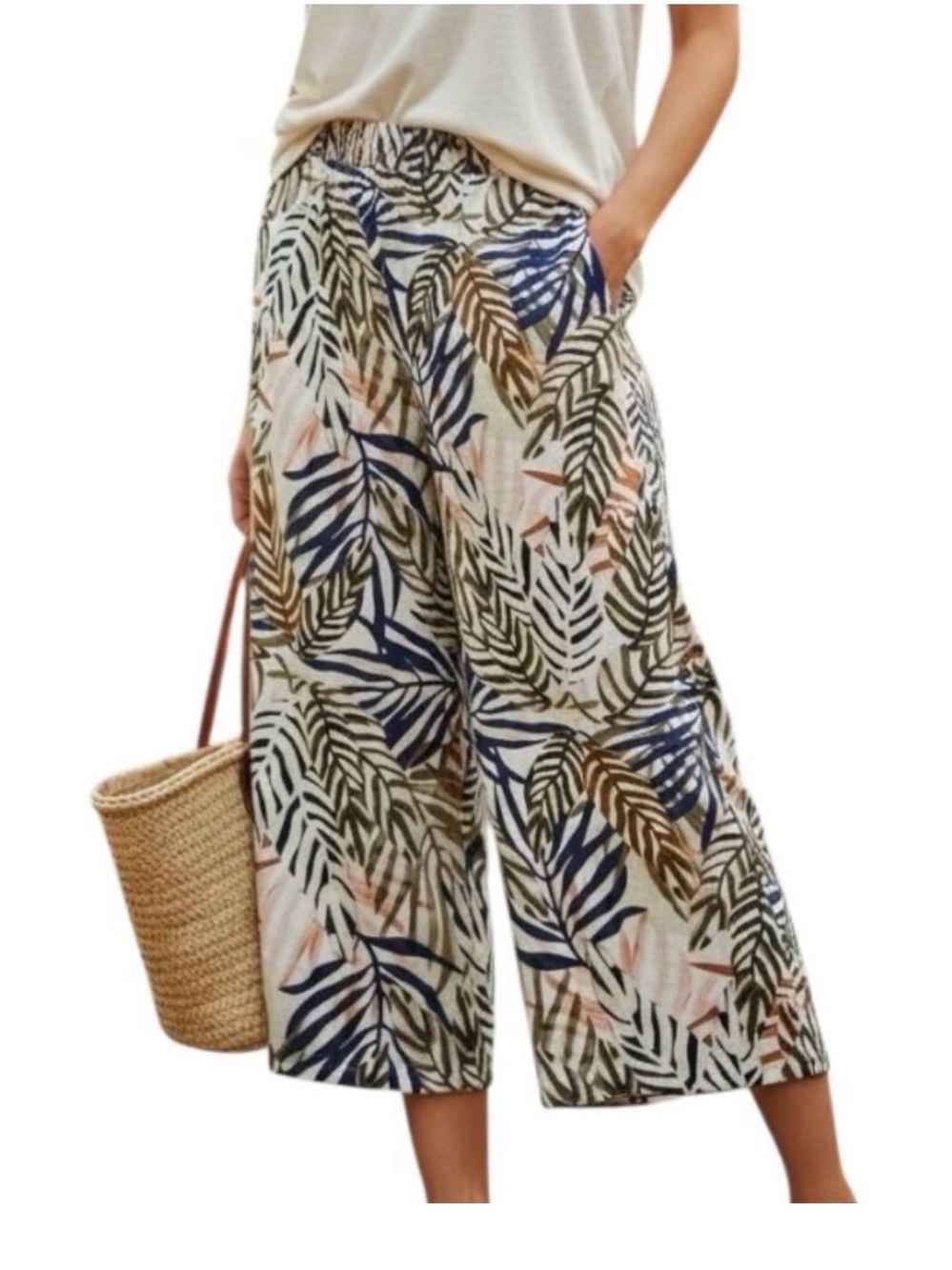 Tahari Cream Blue Green Tropical Leaf Cropped Wide-Leg Pants elastic waist